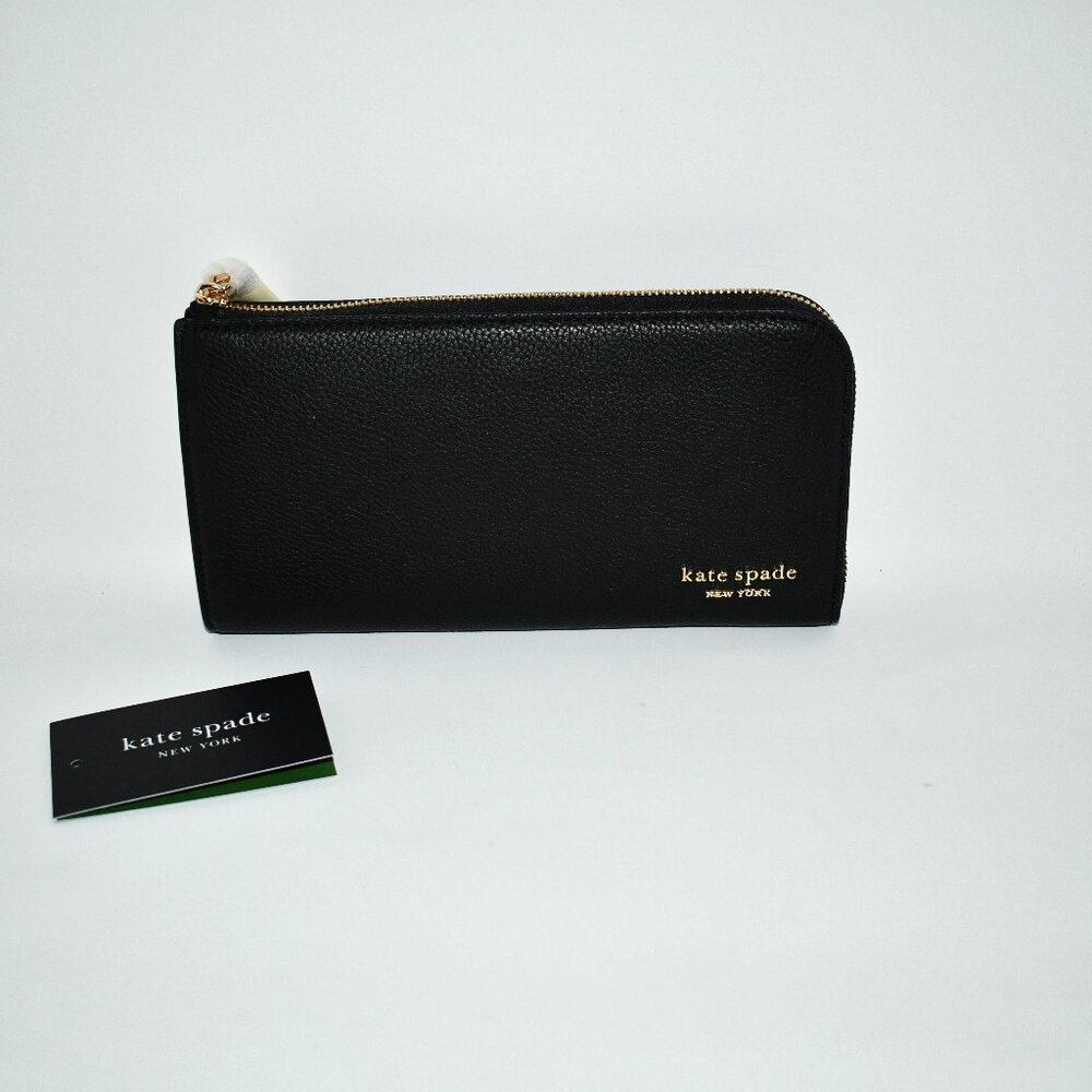 kate spade Devin Pebble Zip Around Continental Wallet in Black  #KM376 NWT